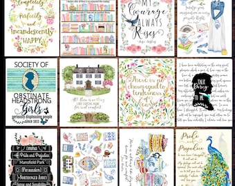 Set van 12 ansichtkaarten van Jane Austen, Jane Austen Gift, Literary Art Print, Bookish Gift voor haar, Jane Austen citaten
