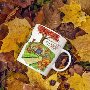 Watercolor Hobbit house mug, Lord of the Rings quotes Mug, Fall Hobbit House, Autumn Hobbit hole, LOTR quotes, Tolkien quotes image 2
