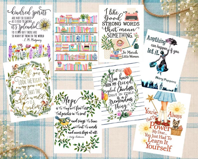 May include: A collection of seven rectangular art prints featuring literary quotes and illustrations, including a bookshelf, Mary Poppins, Dorothy from The Wizard of Oz, floral wreaths, and birds, all displayed on a blue and white plaid background.