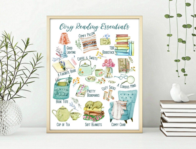 Cozy Reading Essentials, Literary Art Print, Gift for readers, Book Lover Gift for Bookworm, Literary wall art decor, Bookworm essentials image 3