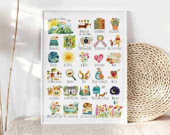 Impresión del alfabeto en acuarela: Arte infantil con alfabeto de aventuras, ABC de una vida feliz, descarga digital