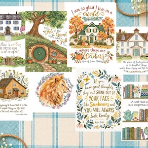 May include: A collection of eight rectangular art prints featuring watercolor illustrations of houses, a lion, and bookshelves, each accompanied by literary quotes including text from Jane Austen, J.R.R. Tolkien, and Roald Dahl.