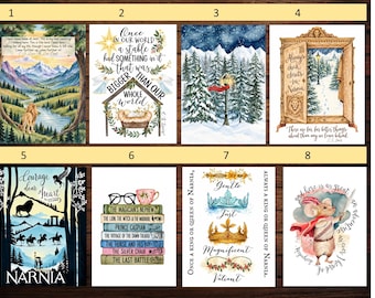 May include: A collection of eight rectangular art prints featuring Narnia-themed illustrations. The prints display watercolor scenes of landscapes, a stable, a snowy forest with a lamp post, an open wardrobe, silhouettes, book stacks, crowns, and a mouse.