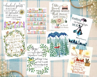 Classic Literature Mini Print Set, Book Quote Art Collection, Cozy Literary Decor, Book Lover Gift, Cottagecore Reading Nook Art