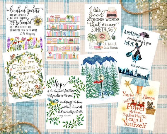Classic Literature Mini Prints, Cozy Literary Quotes, Book Lover Decor (Set of 15)
