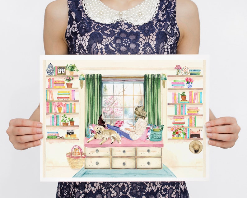 Reading Girl in Her Library Art Print, Labrador art, Girly Book Lover Gift, Book Painting, Book Club Exchange Gift, Library Watercolor image 4