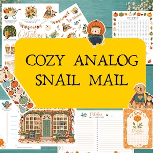May include: A collection of printed stationery featuring autumn themes, including a word search, a calendar, a gratitude list, and illustrations of pumpkins, a hedgehog in a pumpkin hat, a dog in a cape, and a bookstore, with the text COZY ANALOG SNAIL MAIL.