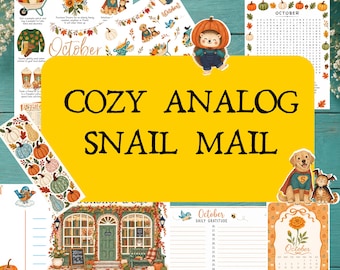 May include: A collection of printed stationery featuring autumn themes, including a word search, a calendar, a gratitude list, and illustrations of pumpkins, a hedgehog in a pumpkin hat, a dog in a cape, and a bookstore, with the text COZY ANALOG SNAIL MAIL.
