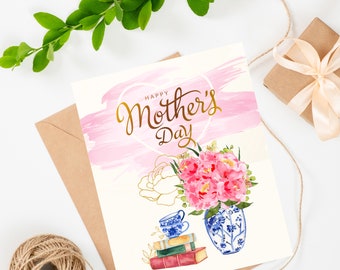 A mother is the truest friend we have, Happy Mother's Day Card | First Mothers Day Card, Illustrated Ginger Jar Flowers Mother's Day Card,