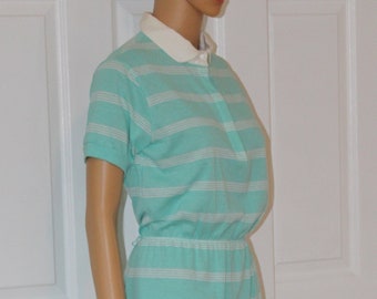 SZ. S, Aqua & White Striped Polo Shirtwaist Dress, Vintage 1970's, Super Preppy! 28-29" waist