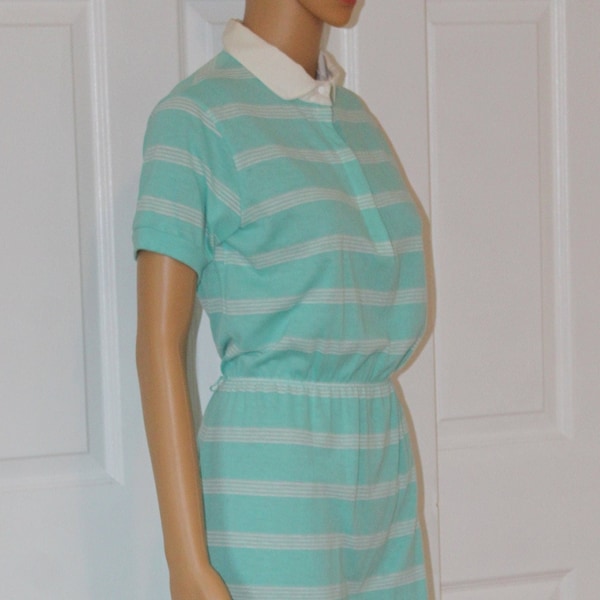 SZ. S, Aqua & White Striped Polo Shirtwaist Dress, Vintage 1970's, Super Preppy! 28-29" waist