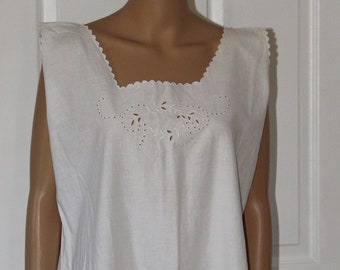 XL White Cotton Nightgown with Hand Embroidery, Vintage 1930's, 43" Bust