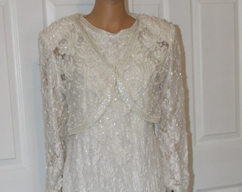 Sz M/L, White Beaded Gown with Matching Beaded Bolero Jacket, Vintage 1990's, 30" waist