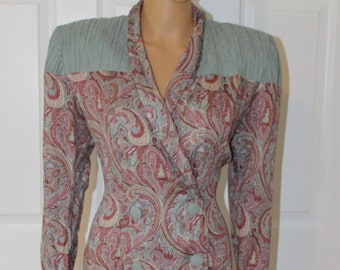 Size L, John Roberts 1980's Vintage Dress,, Paisley Pattern, Huge Shoulder pads, 32" waist