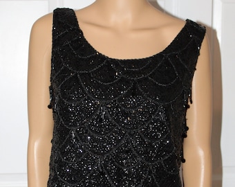 Size M, Black Beaded, Silk Lined,  Wool Top, Vintage 1960's, 36" bust