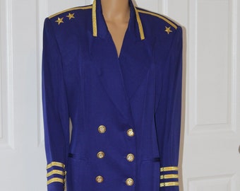 Size XL, Navy Blue Double Breasted Dress, Huge shoulder Pads, Military Details, Vintage 1980's, 36" waist