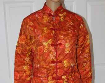 Sz. S, Asian Quilted Jacket in Orange Floral Fabric, and Frog Closures, Vintage 1970's, 34" bust,