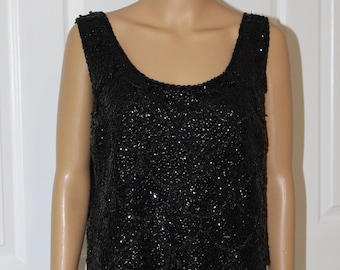 SZ L, Black Beaded Top with Sequins and Swinging Beaded Fringe, Vintage 1960's, 39" bust