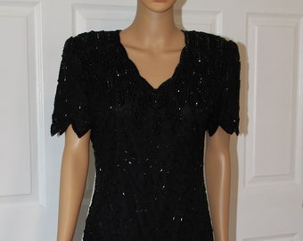 Sz. S, Laurence Kazar Black Beaded Dress, Vintage 1990's, 28" waist