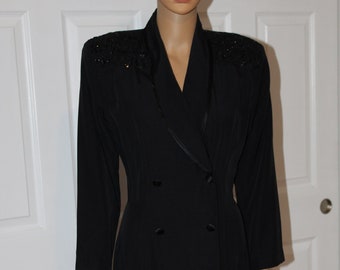 Size L/XL, Black Faille Dress with Sequined Shoulders, R & M Richards by Karen Kwon , Vintage 1990's, 33" Waist