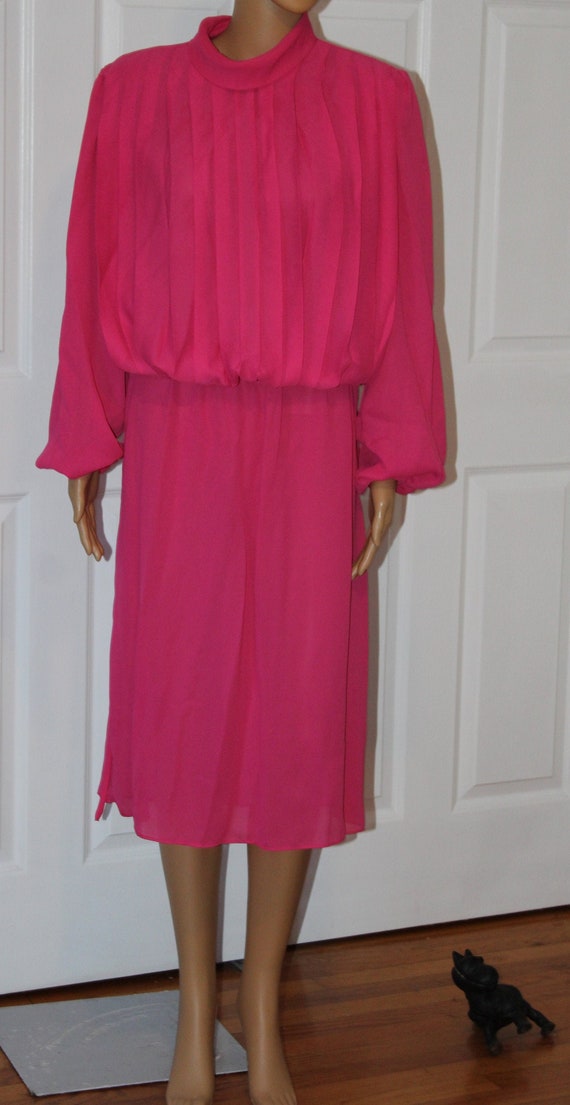 Size M,Hot Pink Dress with Pleated Bodice, Vintag… - image 1