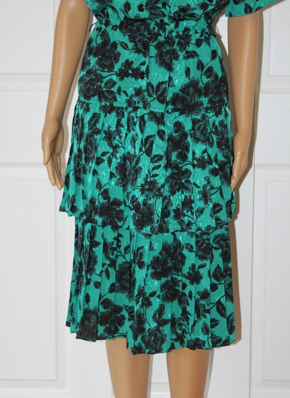 XS petite, Black and Green Rose Patterned Dress w… - image 4