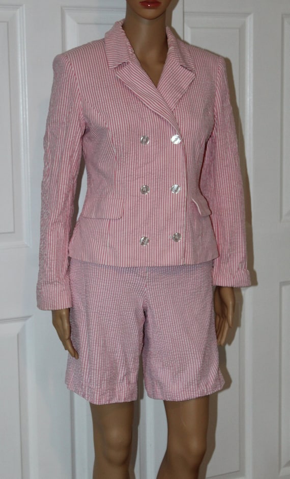 Sz. M., Pink and White Striped Seersucker Suit, wi