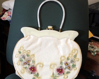 Embroidered Purse with Lucite Handle and Frame, Clear Plastic Cover, Vintage 1950's