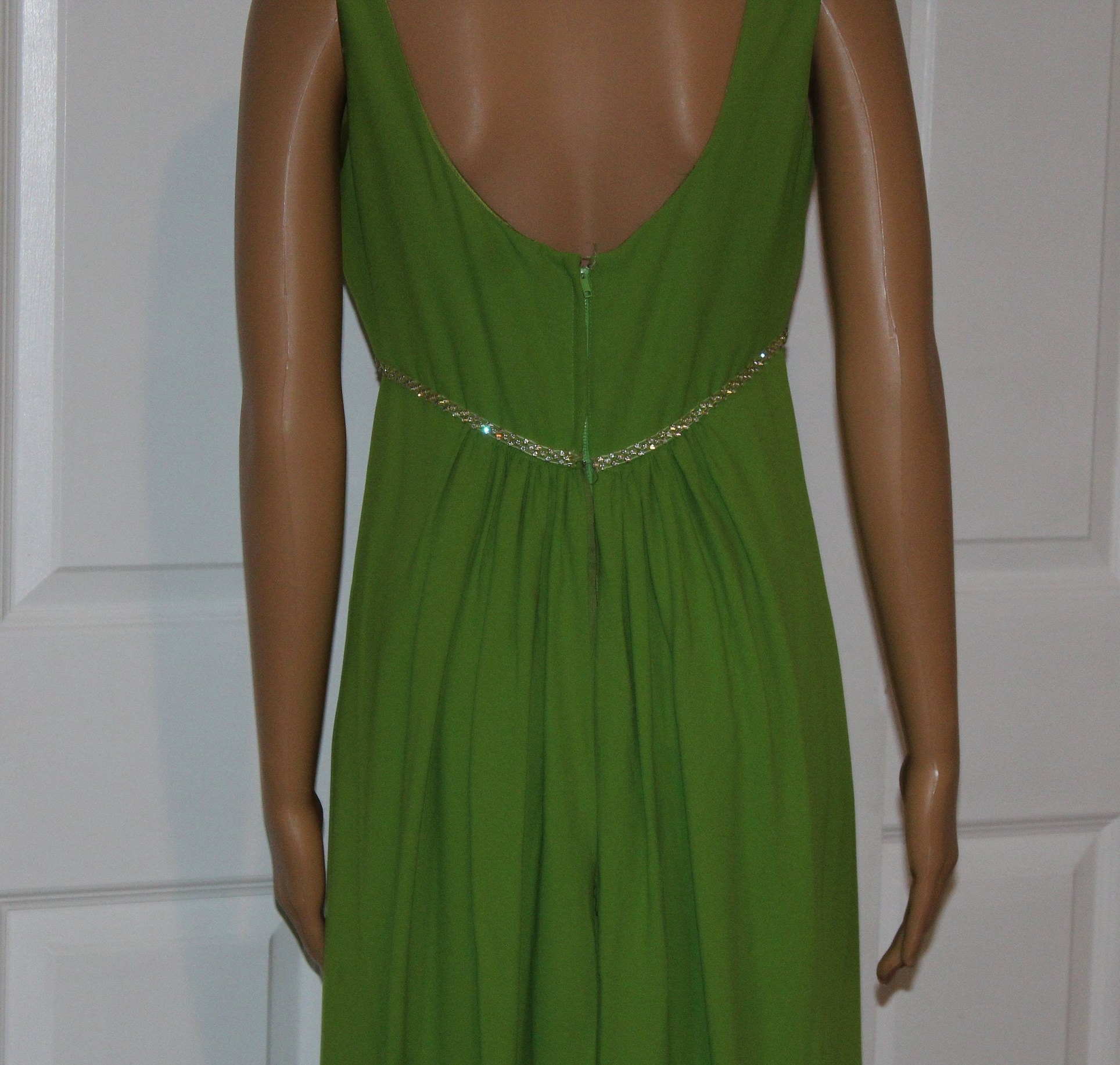 Acid Green Gown with Rhinestone Trim 34 bust XS Vintage 1960's Altman B