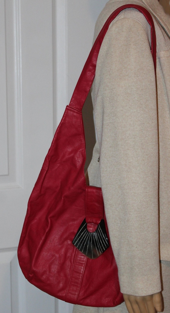 Cherry Red Leather Shoulder Bag with Shell Clasp, 