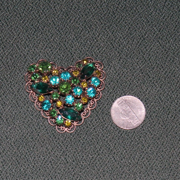 Heart Shaped, Green Rhinestone Pin, Vintage 1960's