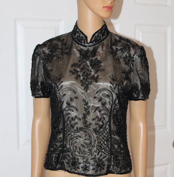 SZ. S, Beaded, Black Top, Pappel Boutique, Vintag… - image 1