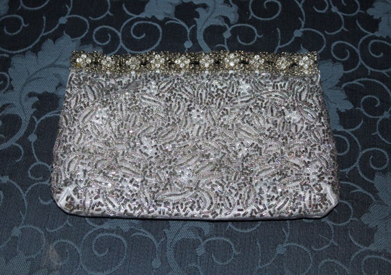 White Satin, Beaded Evening Bag, Vintage 1990's, … - image 1