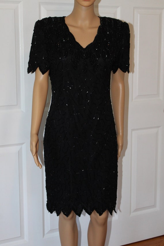 Sz. S, Laurence Kazar Black Beaded Dress, Vintage… - image 1