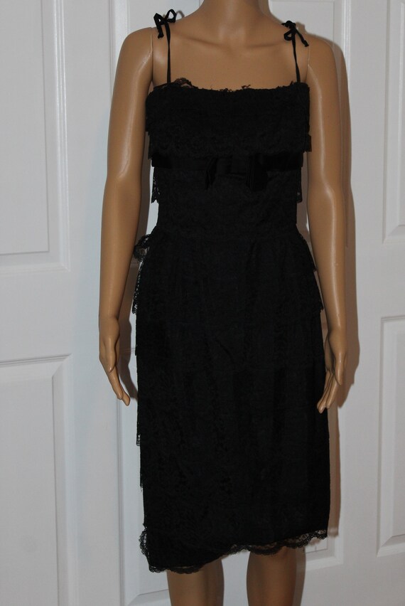 XS, Black Lace Cocktail Dress, Vintage 1960's, 24… - image 1