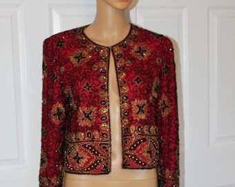 Rozmiar S, krótka kurtka Papell Boutique z bogatym zdobieniem koralikami, styl vintage z lat 90., biust 34"