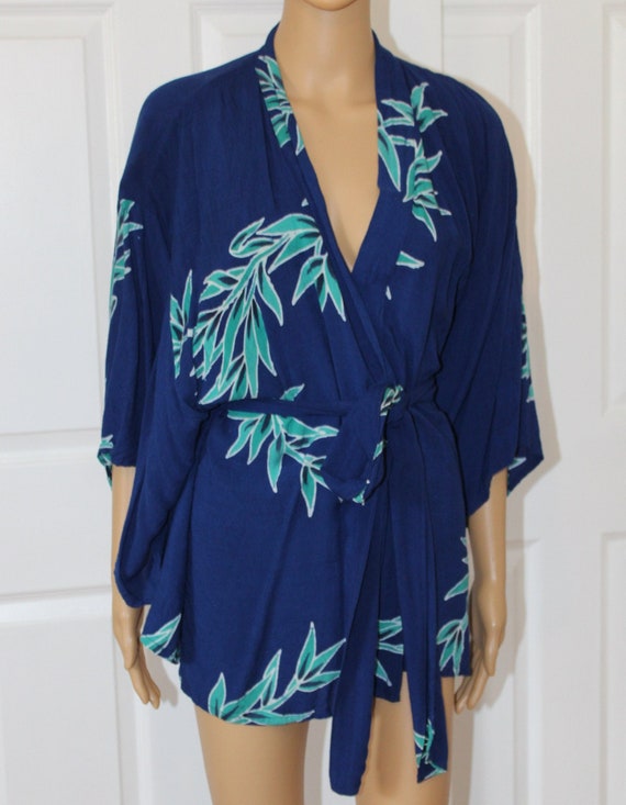 SZ. M, Batik Rayon Wrap with Kimono Sleeves, Vint… - image 1