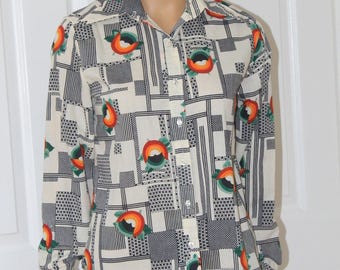 Size S, Groovy Grpahic Button Front Blouse, Vintage 1970's, 33-34" bust