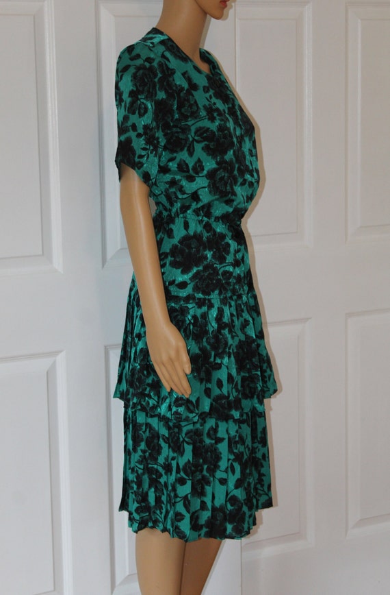 XS petite, Black and Green Rose Patterned Dress w… - image 3