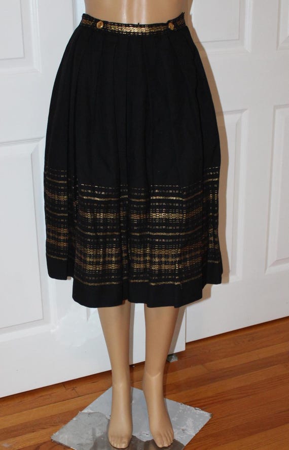 Black Pleated Skirt With Gold Metal Buttons