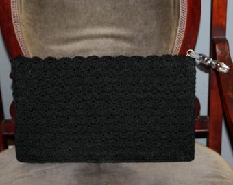 Large black, cord, clutch with lucite pull, oversized, vintage 1940's.
