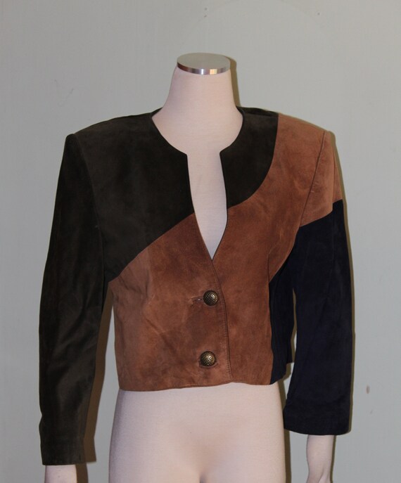 Sz M, Suede, Cropped Jacket with big shoulder pad… - image 1