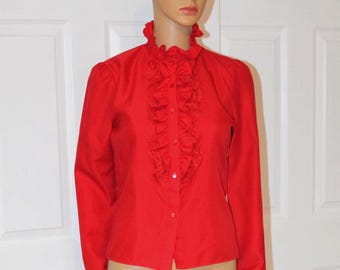 Size XS, Red, Ruffled Blouse, Vintage 1970's, 33" bust