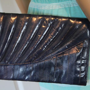 Eel Skin-portemonnee, vintage jaren 80, diepblauwe schoudertas