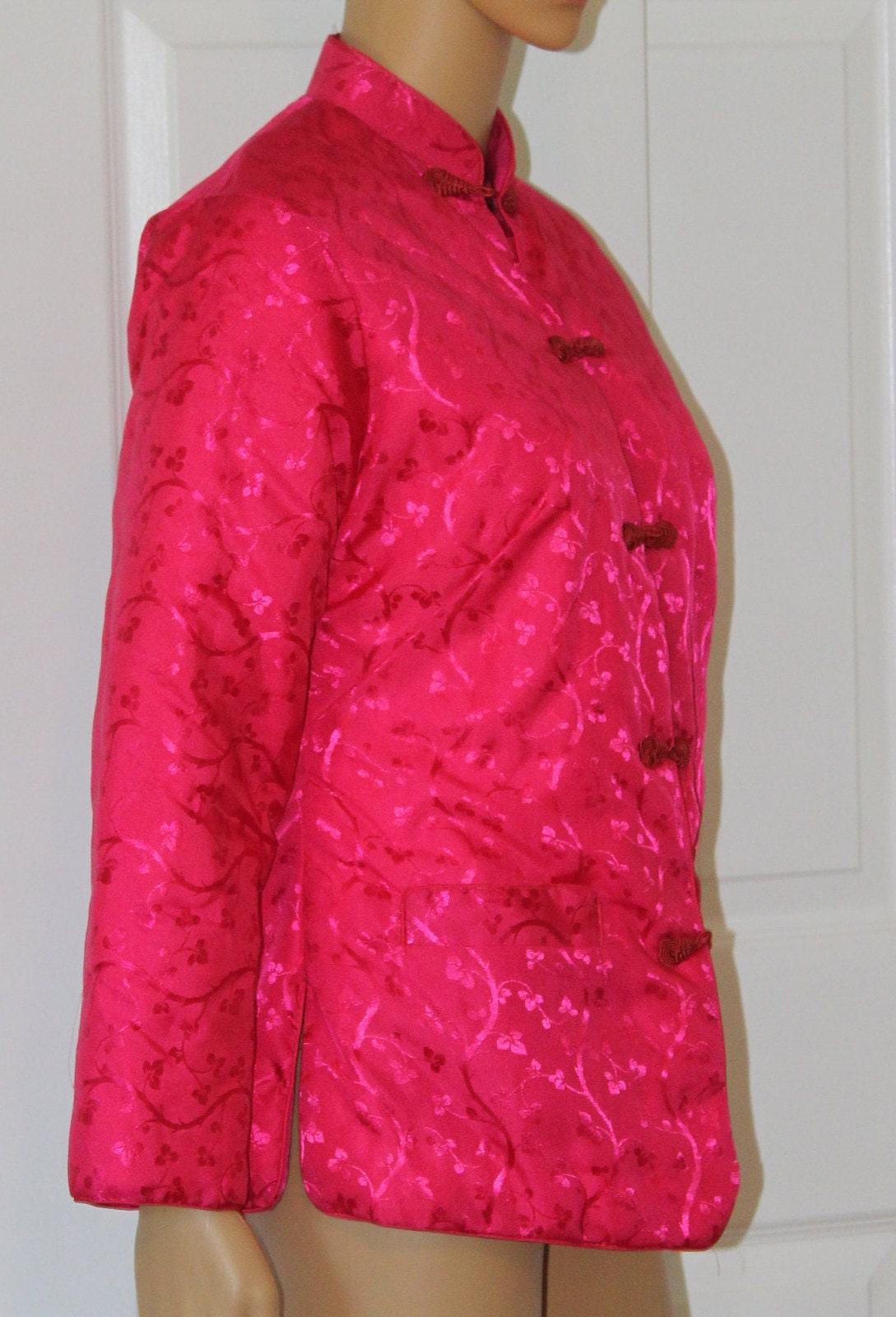 Vintage 1970s Floral Quilted Mandarin Jacket 70s Frog Clasp