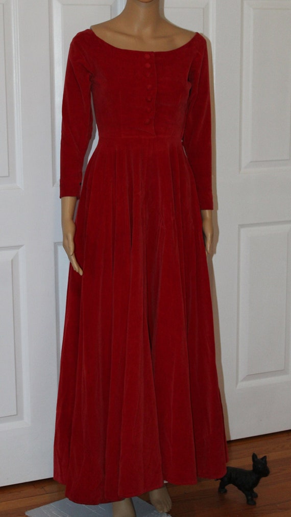 XS, Red Cotton Velvet Dress with Massive Skirt, Vi