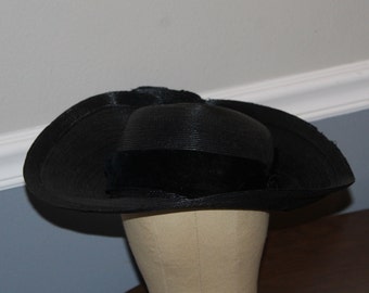 Never Worn,Black Straw Tricorn Style Hat, Vintage 1910's, Monogram Hat Label