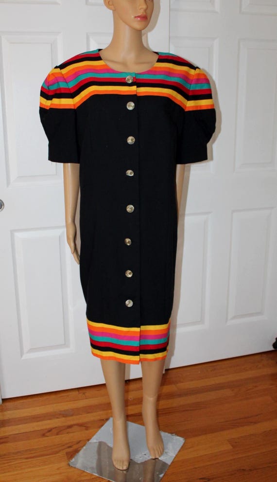 black rainbow dress Unique Vintage Black & Rainbow Fringe Girlie Swing Dress