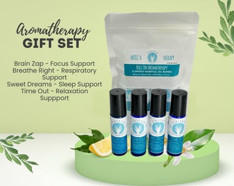 4PK Roll On Aromatherapy Gift Set - Revjuvinate, Breathe, Relax & Calm Essential Oil Blends - Relaxing Self-Care Gifts for Women and Men