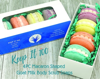 KEEP IT 100 Exfoliating Macaron Goat Milk Soap Set, Skin Conditioning Body Scrub, Fruity Scents for Spa Experience, Unique Christmas Gift